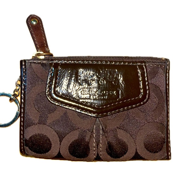 Coach "C" Patent Leather & Fabric Mini Card/Coin Pouch w/Keyring, Zip, Brown - Picture 1 of 9